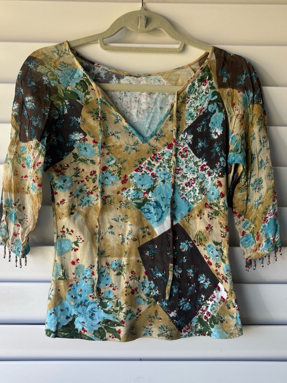 Vintage Floral Patchwork Sequin Beaded Tie Boho Hippie Forest Fairy Top Size S